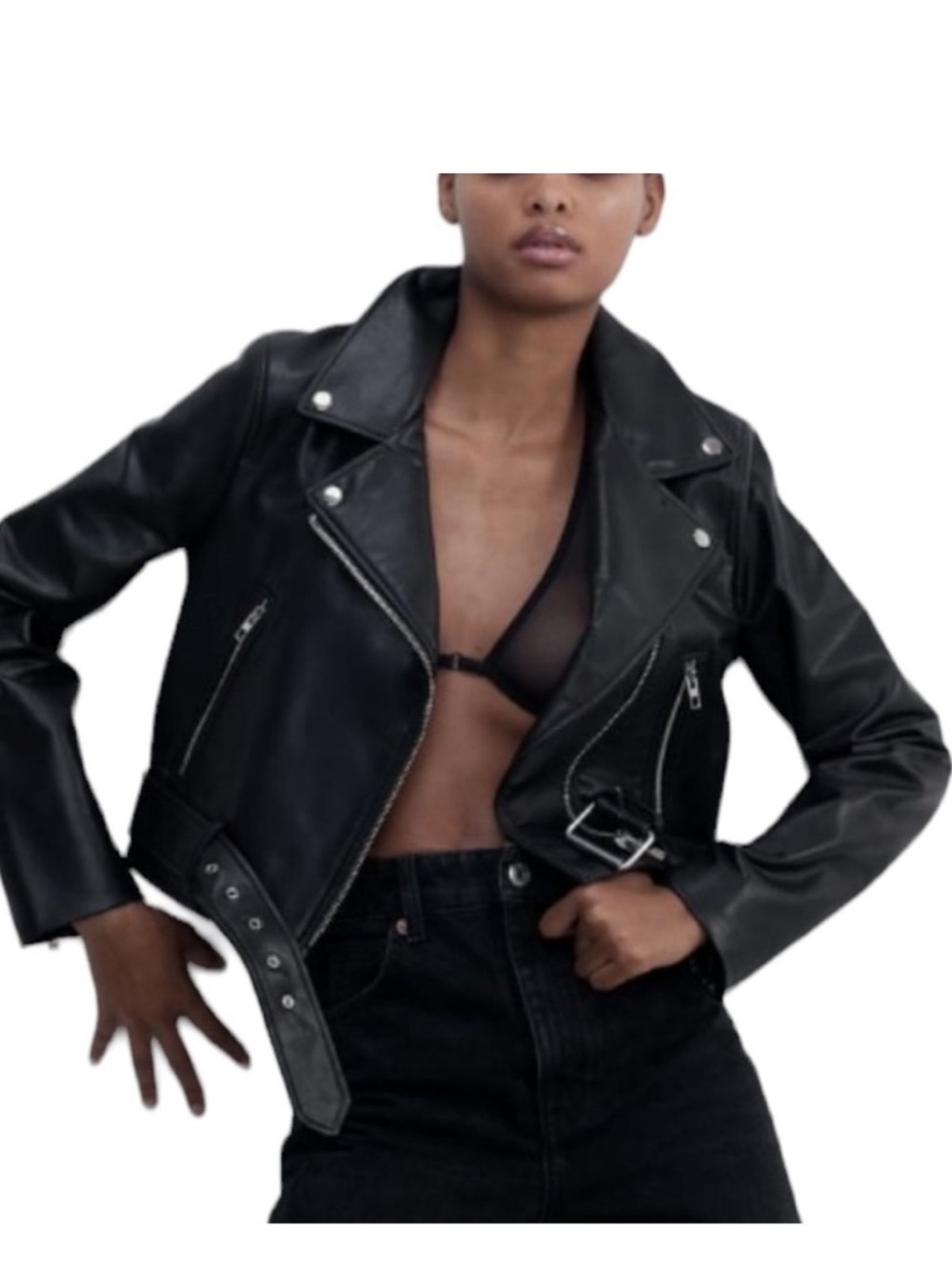 NWOT Zara Blaxk Faux Vegan Leather Moto Belted Cropped
Jacket - L